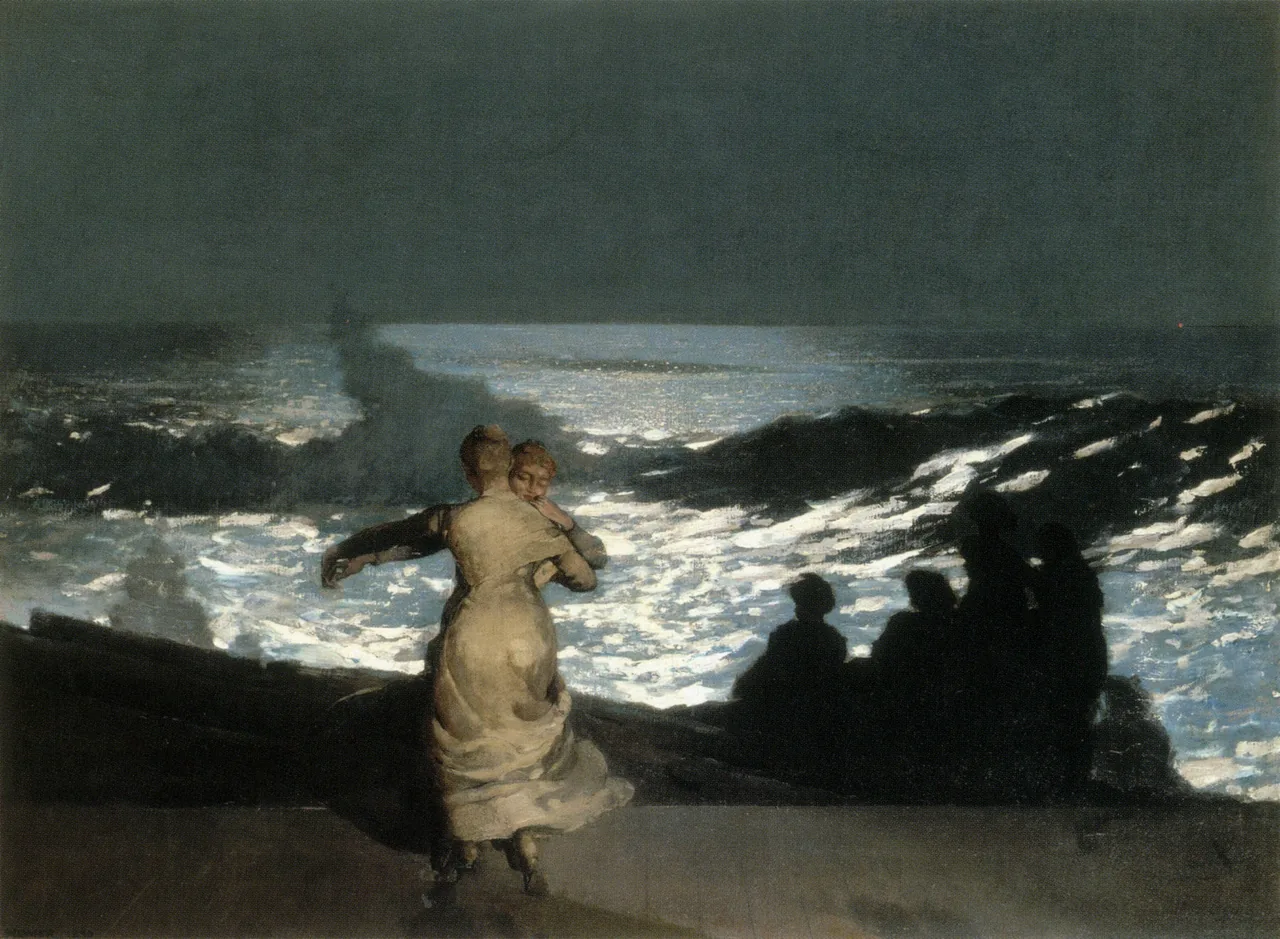 A moonlit sea at night, two figures on the shore — Summer Night by Winslow Homer.